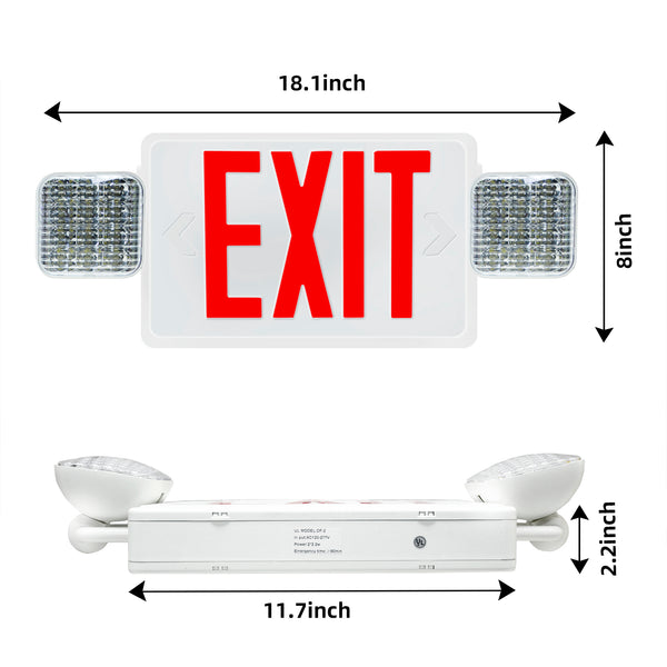 Red LED Emergency Exit Sign with Dual-Head Safety Lighting 90-Minute Battery Life 120-277V AC Plug-in Cord Fire-Resistant for Business Home Use